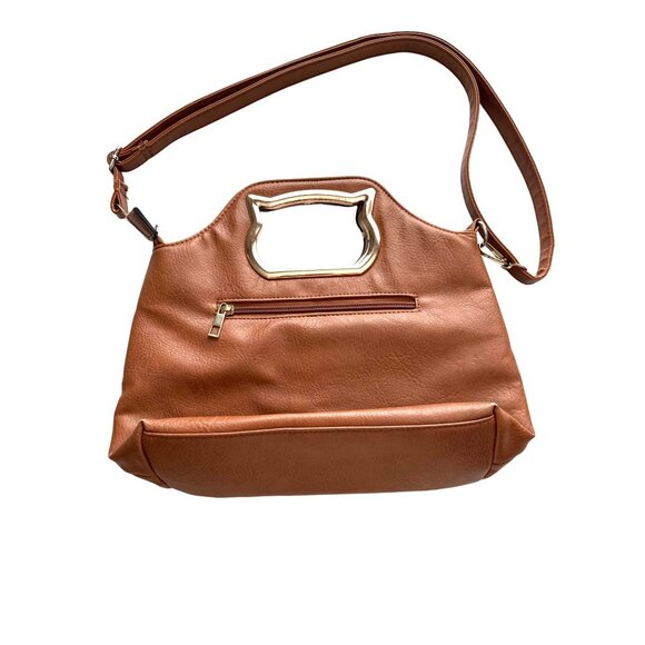 OOH Brown Multi Way Handbag Gold Cat Cutout Handle Perforated Faux Leather - Picture 6 of 8